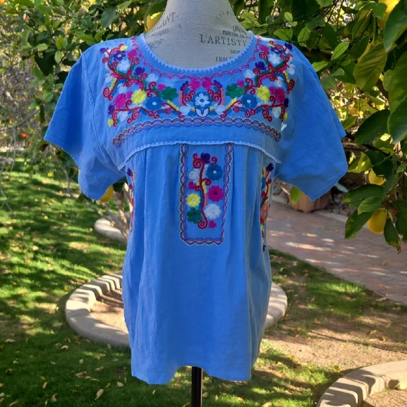 Floral Embroidered Women's Blouse in Blue - Picture 1 of 7